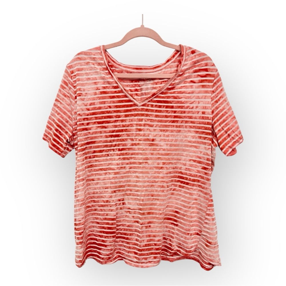 Terra & Sky Pink Burnout Stripe Short Sleeve V-Neck Tee Women’s 1X Plus Size